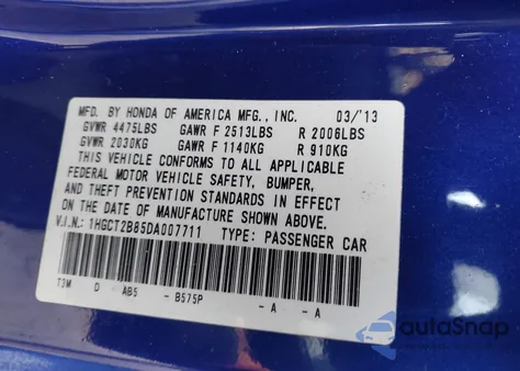 2013 Honda Accord Ex-L V-6 z USA, uszkodzony, nr VIN 1HGCT2B85DA007711